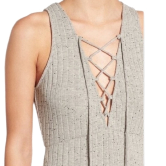 ASTR The Label Gray Heather With Black Dots Lace Up Front Ribbed Knit Dress Sz S - Picture 2 of 13